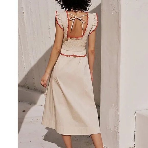 Free People Dresses & Skirts - Free People Smocked Ruffle Midi Dress Beige Orange Boho Cottagecore Pockets oo